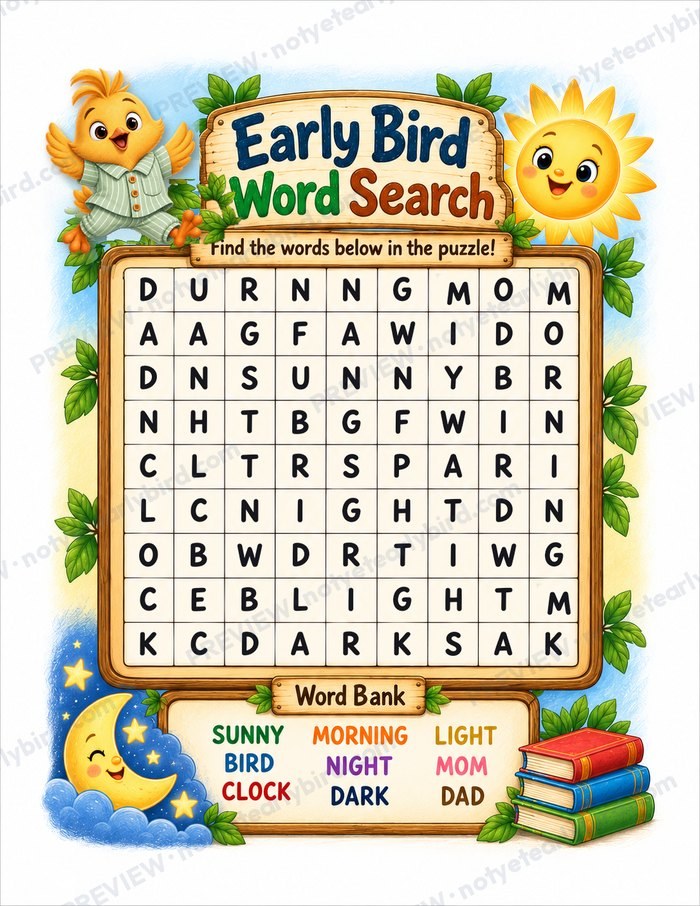 The Early Bird Word Search: Sunny and a smiling sun above a nine-by-nine letter grid, with a word bank below.