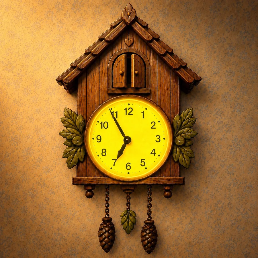 Tick-Tock glowing yellow at five minutes to seven, its little doors just starting to open.